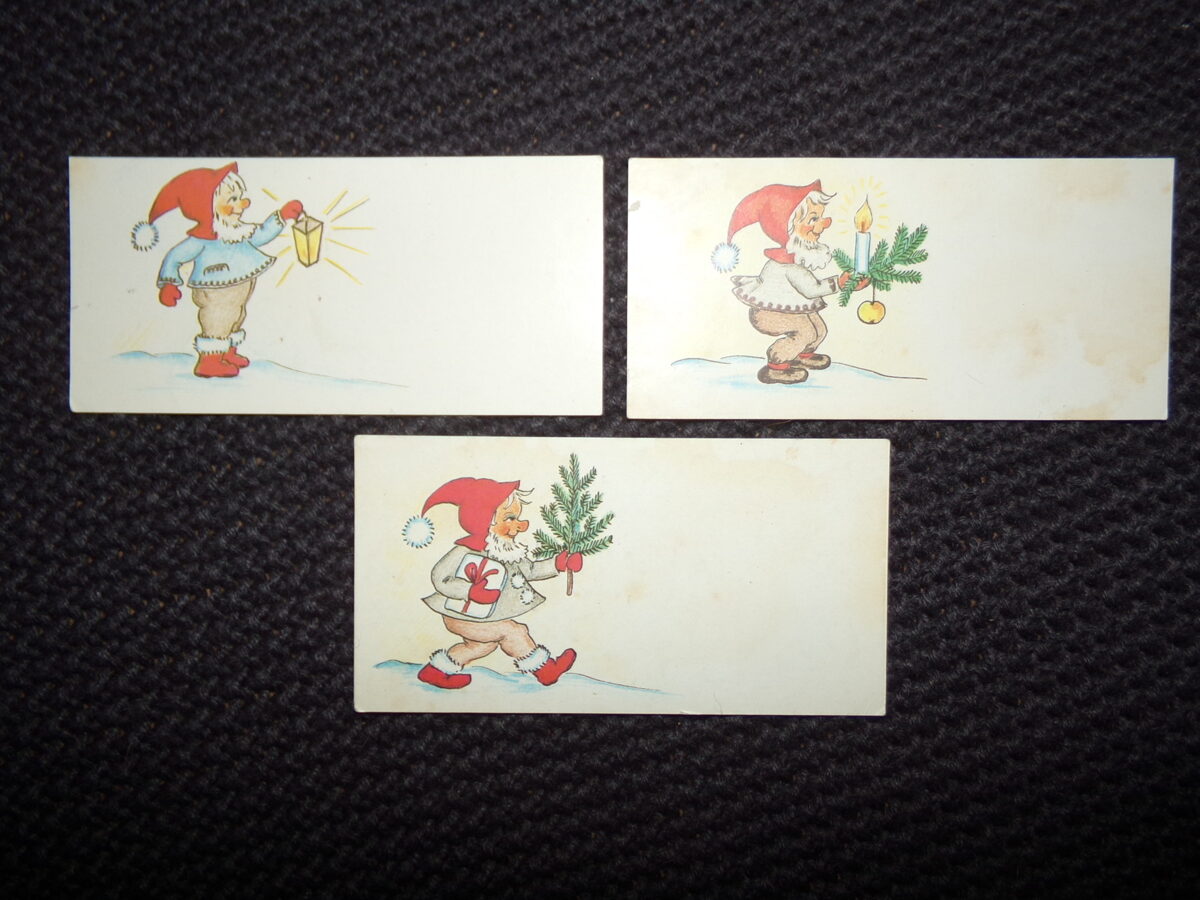 №119. Три мини открытки-гномы. Советская Латвия. 1984 год.