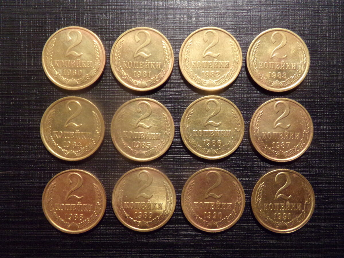 №207. 12 монет 2 копейки. с 1980 по 1991 (М) год. СССР.