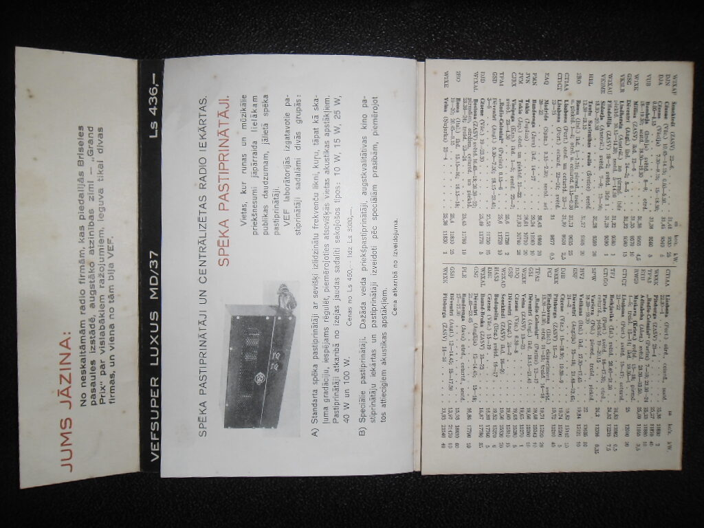 Radioaparatūras VEF katalogs. Latvija. 1937. gads.