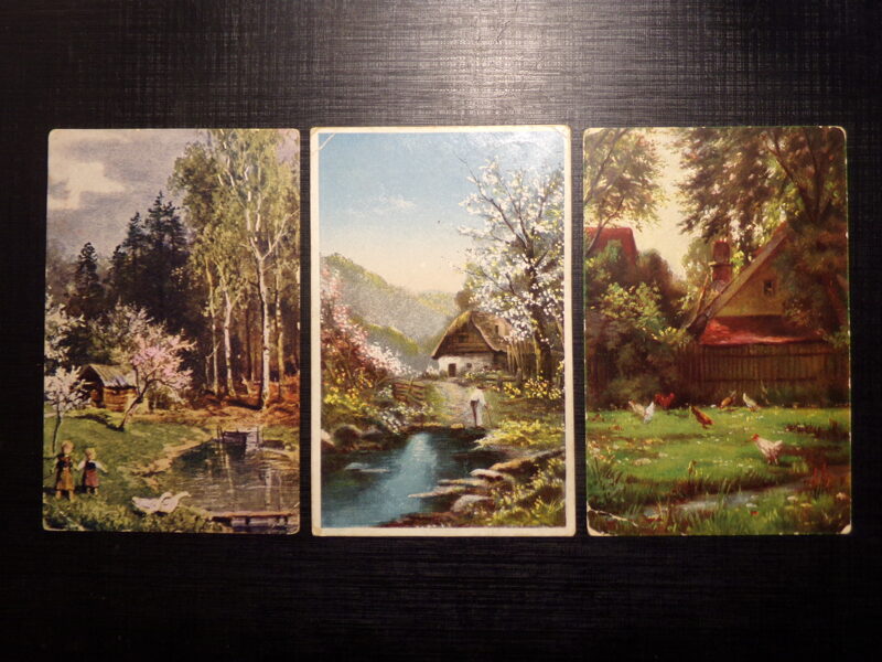 №192. Три открытки с репродукциями картин. Начало 20 века. Прошедшие почту Латвии в 1920-40 годах.