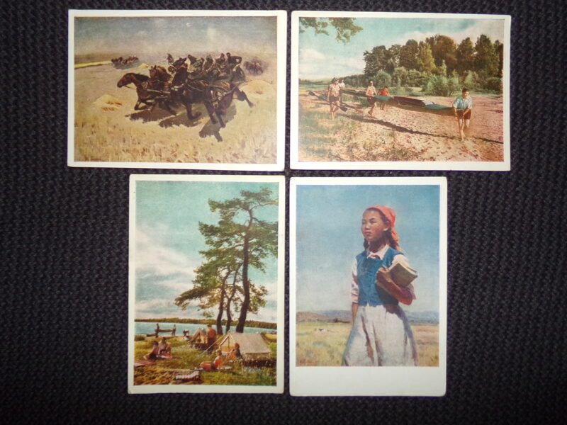 №187. Репродукции картин. Художник М.Б. Греков "Тачанка". 1956 год. В. Руйкович фото "Озеро Селигер". Переволока байдарок. Бивуак туристов. 1959 год. С.А. Чуйков "Дочь Советской Киргизии". 1956 год. .