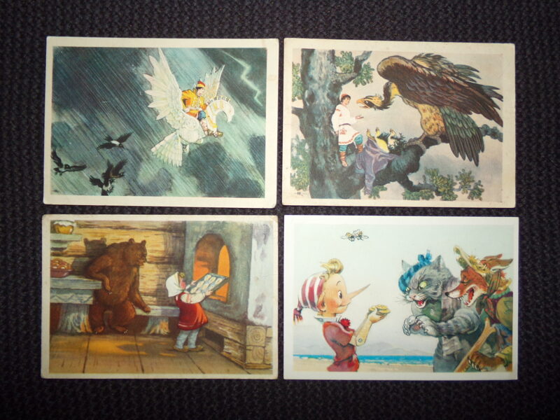 №182. Репродукции к сказкам. Художник Н. Кочергин "Деревянный орел". "Матюша пепельный". 1956 год. Т. Сазонова "Маша и медведь" 1955 год. Л. Владимирский "Золотой ключик" 1967 год.