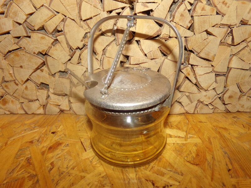 №53. Стеклянная сахарница с ложкой и металлической крышкой. СССР. 1970-тые года.