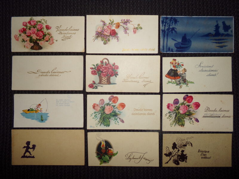 №201. Мини форматные открытки. 12 штук. Латвия. 1920-40 года. Поздравления с именинами, днем рожденья и праздник Лиго.