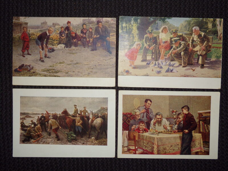 №181. Четыре почтовые карточки из серии "Советский художник". С.А. Григорьев "Вратарь". С.А. Гельбергс "Друзья мира". А.И. Плотнов "Фрунзе и Чапаев под Уфой. Р.В. Сильвестров "Удачный ход". 1950-52 года.