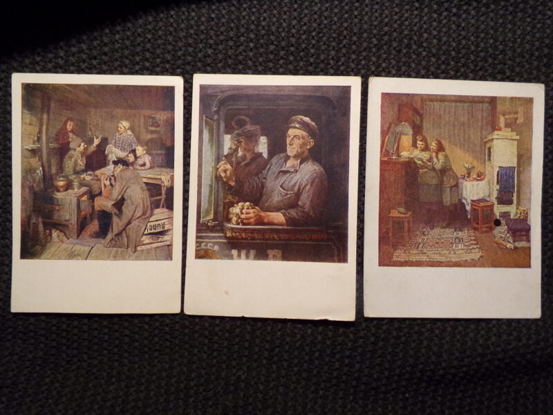 №179. Две почтовые карточи и открытое письмо. СССР. Репродукции картин. Художник Р. Зенькова "На освобожденной земле". 1951 год. Г.В. Павловский "Портрет машириста т.Федорова" 1953 год. С.Рянгина "Подруги". 1948 год.