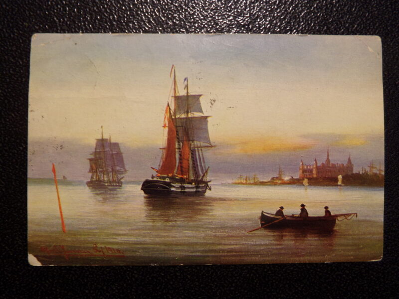 №57. Открытка- Парусник. Репродукция картины. Италия. Адресована в Латвию. 1925 год.