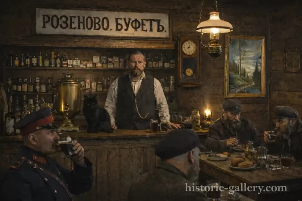 Stacijas Rozenova bufete. 1900 - tie gadi. Rekonstruēta ar MI palīdzību.
