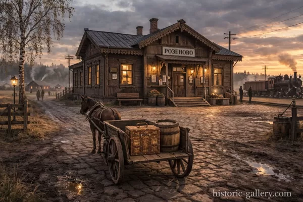 Stacija Rozenova (Zilupe). 1900. gads. Rekonstruēta ar MI palīdzību.